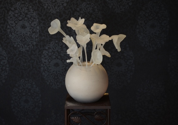 Wit boeket <br> heet gesculpteerd glas, gezandstraald<br>
					Hot sculpted and sandbasted glass flowers